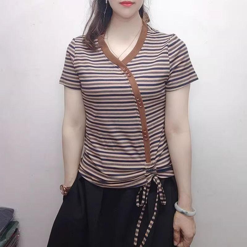 Large Size Women's Clothing Summer New Style Withdrawal Lace-up Short-sleeved Striped T-shirt Foreign Korean Version Thin Top