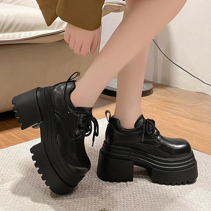 Fashion 10cm New 2025 Spring Women's Leather Sneakers High Platform Lace-up Casual Shoes Thick Sole Heels Walking Shoes Zapatos Mujer
