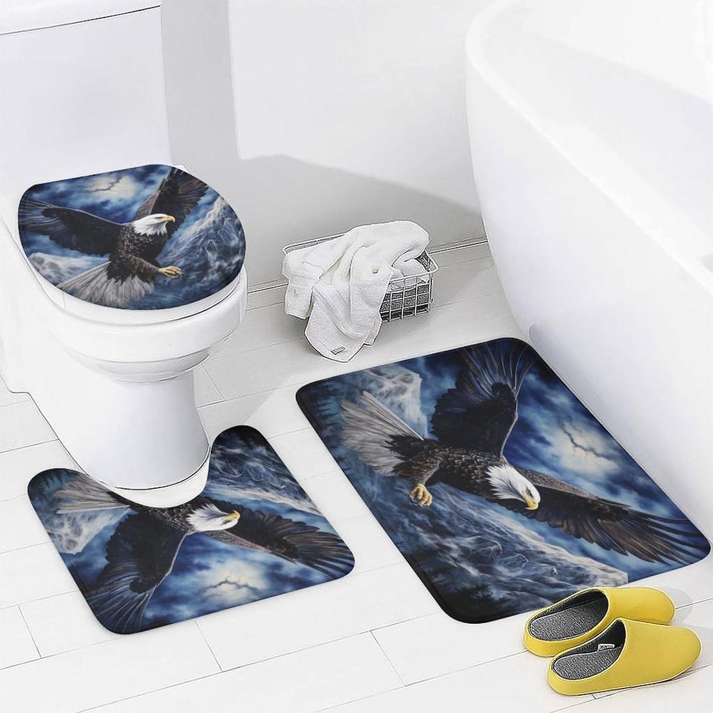 Balkabağı Kartalı Duş Perdesi Setleri Halılarla 4 Parça, Banyo Tuvalet Banyo Paspası için Dekor, 3D Baskı, Mavi Soyut Yabani Hayvan Vatansever Kuş Polyester