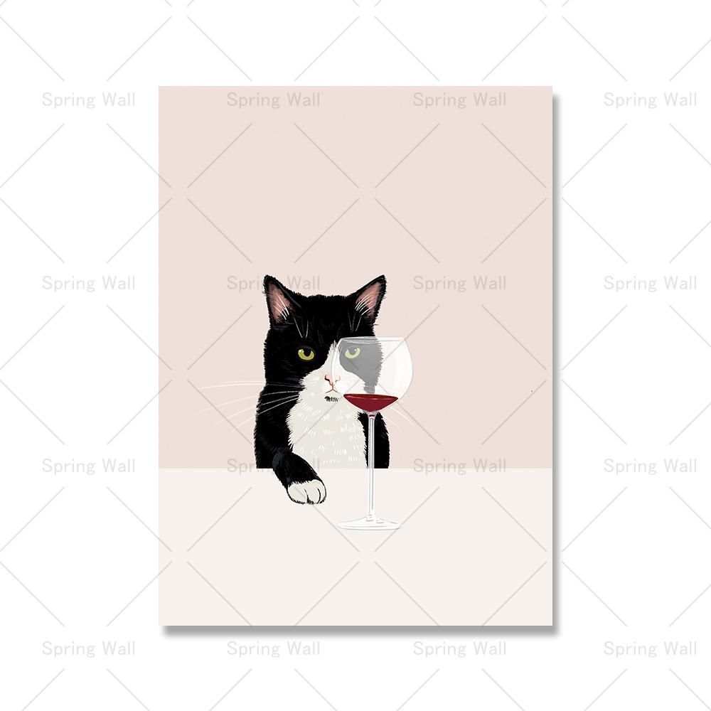 Lustiges süßes schwarzes Katzenplakat, weiße Katzen schmecken Rotwein, Leinwandmalerei, Katze, Küche, Wandkunst, Bilder für Wohnzimmer, Heimdekoration