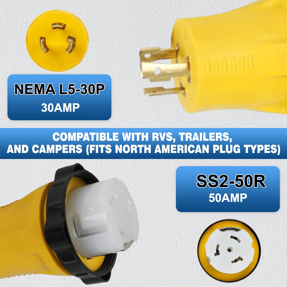 Riloer Shore Power RV Adapter Plug, 1-Pack NEMA L5-30P to SS2-50R RV Generator Adapter, 30A Male to 50A Female 3 Prong Twist Locking Connector,