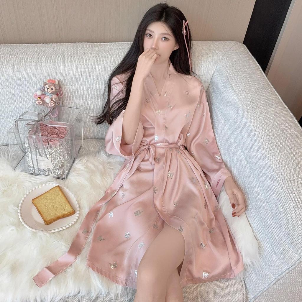 Women's Ice Silk Butterfly Print Summer Bathrobe - Hotel Style Yukata Pajamas with Tie-up Waist