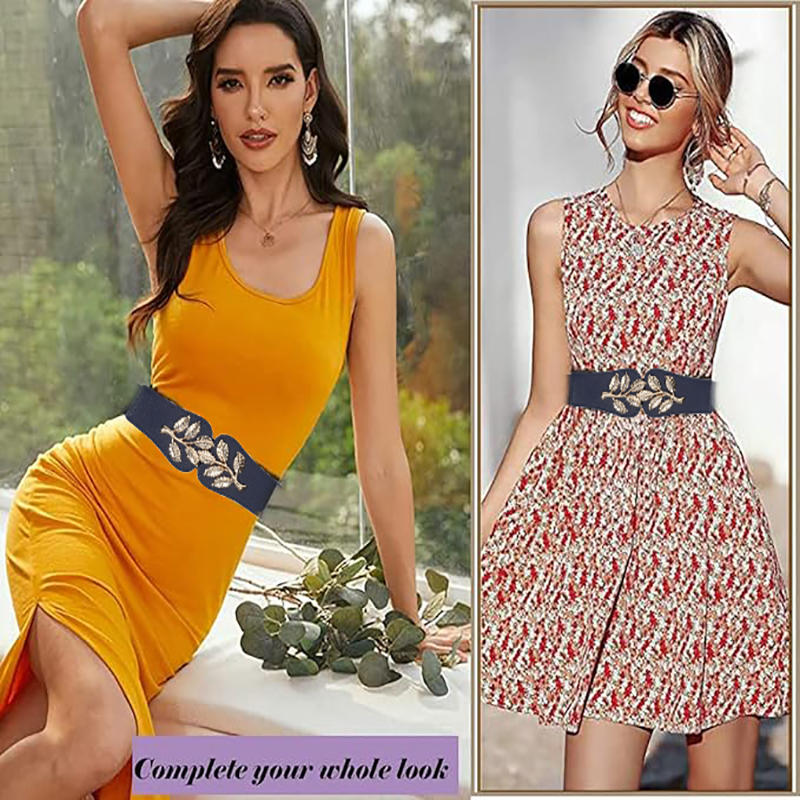 Women's Waist Belts Retro Waistband Golden Leaf Elastic Waist Closure with Double Hook Buckle Wide Belt Fashion Elegant Women Belt for Skirt