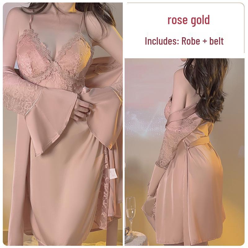 Satin Backless Lace Nightgown with Padded Deep V & Tie-Waist Robe Set