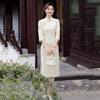 Womens Vintage-Inspired Qipao Dress With Embroidery Fitted Waist Stand Collar 7/8 Sleeve Chic