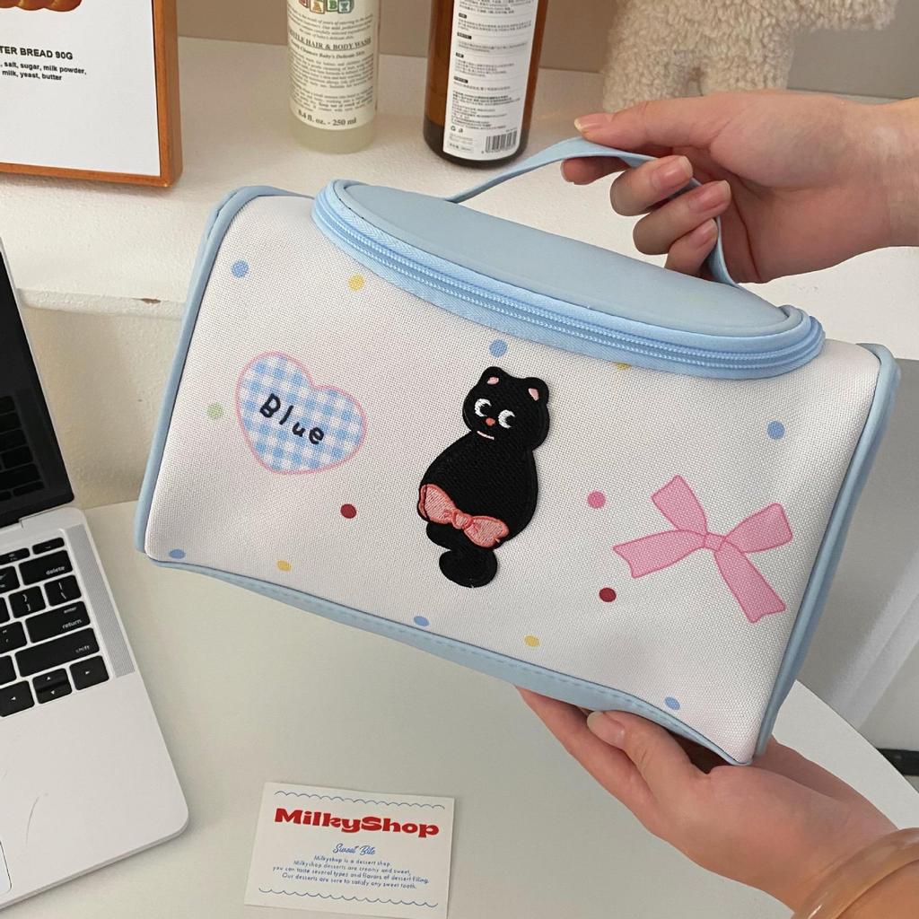 "2024 Cute Cartoon Kitten Cosmetic Bag - Large Capacity Skincare Storage for Women"