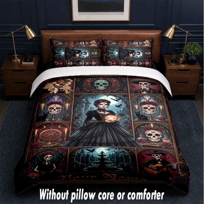 Day of the Dead Theme Custom Text Or Name 3Pcs Bedding Set,1 Flat Sheet & 2 Pillowcases Personalized Home Bedding