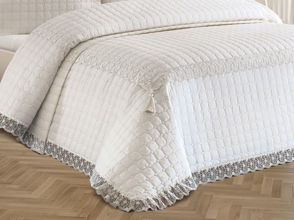 Roza gestepptes Tagesdecken-Set, 3-teilig, Bettdecke 250 x 260, Kissenbezug 50 x 70, Doppelbettgröße, geschnürt, Creme