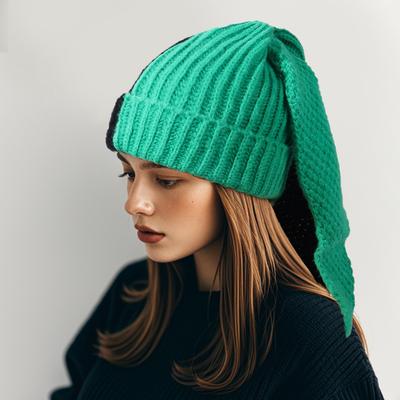 Winter Knitted Hat Long Bunny Ear Decor Contrast Color Unisex Thick Warm High Elasticity Windproof Headwear Cold Weather Cap