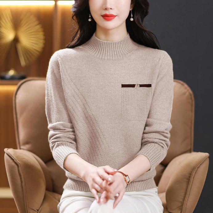 Sweater Women's Solid Color Semi High Neck Knitted Sweater Spring and Autumn Long Sleeved Casual Pullover
