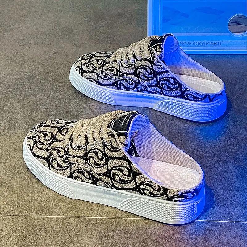 Men's Shoe Canvas Half Slides Mules Summer Casual Male Slipper Original Cheap Shoes Stylish Hot Mascullino Liquidation Eva Fun