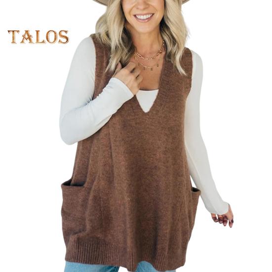 Damenpullover mit V-Ausschnitt, ärmellos, einfarbig, Strickweste mit Taschen, gerippter Besatz, lockere Passform, mittellange Freizeitstrickmode