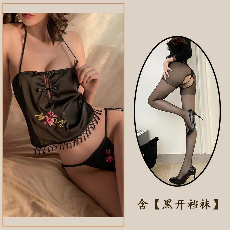 Sex Underwear Sexy Women's Belly Pocket Pajamas Hot Passion Neck Sling Cheongsam Retro Lace-up Hollow Woman