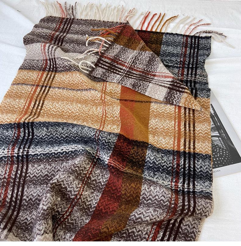 Women's High-End Plaid Tassel Shawl - Imitation Cashmere, Thickened & Warm for Autumn/Winter