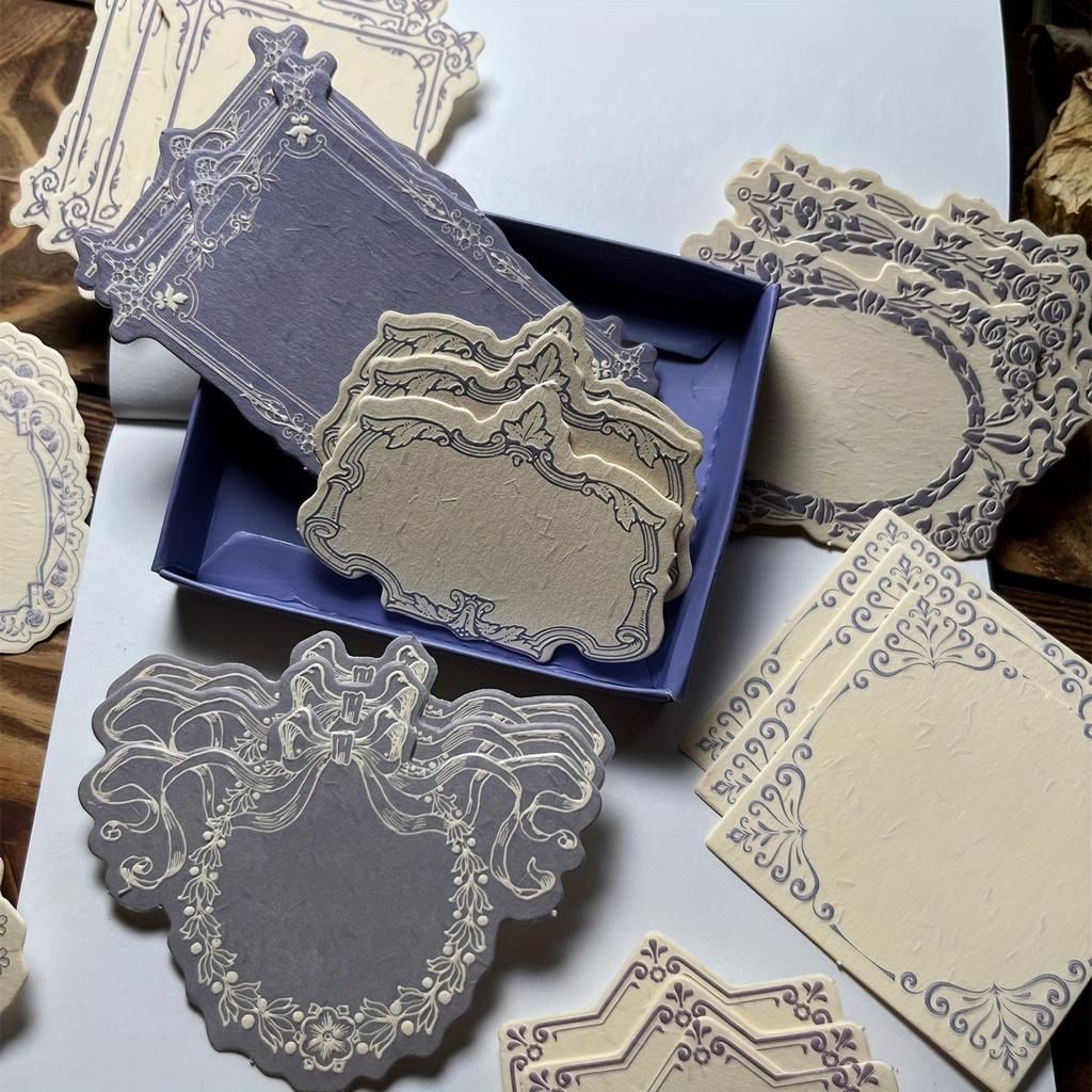 30pcs Vintage Boxed Sticky Notes Paper with Embossed Paper Thick Card Material Art Embossed Journaling Supplies Decorative Paper