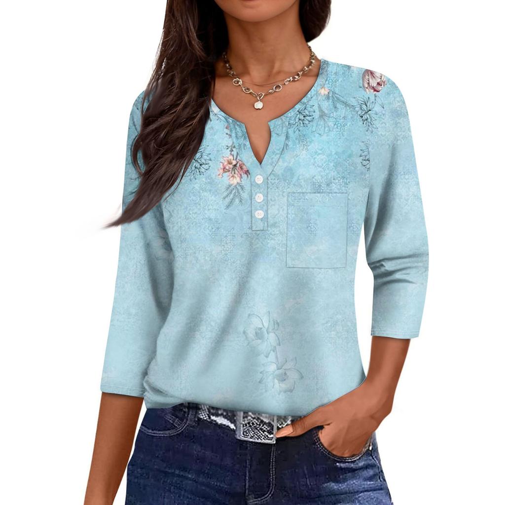 Damska Codzienna Modna Dekolt V Luźna Wszechstronna Kwiatowy Wzór Rękawy Trzyczwarte