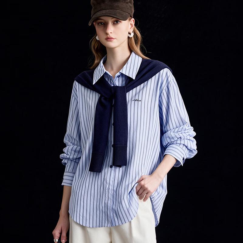 Wudao 100% Cotton Intellectual Style Knit Shawl & Striped Shirt Set