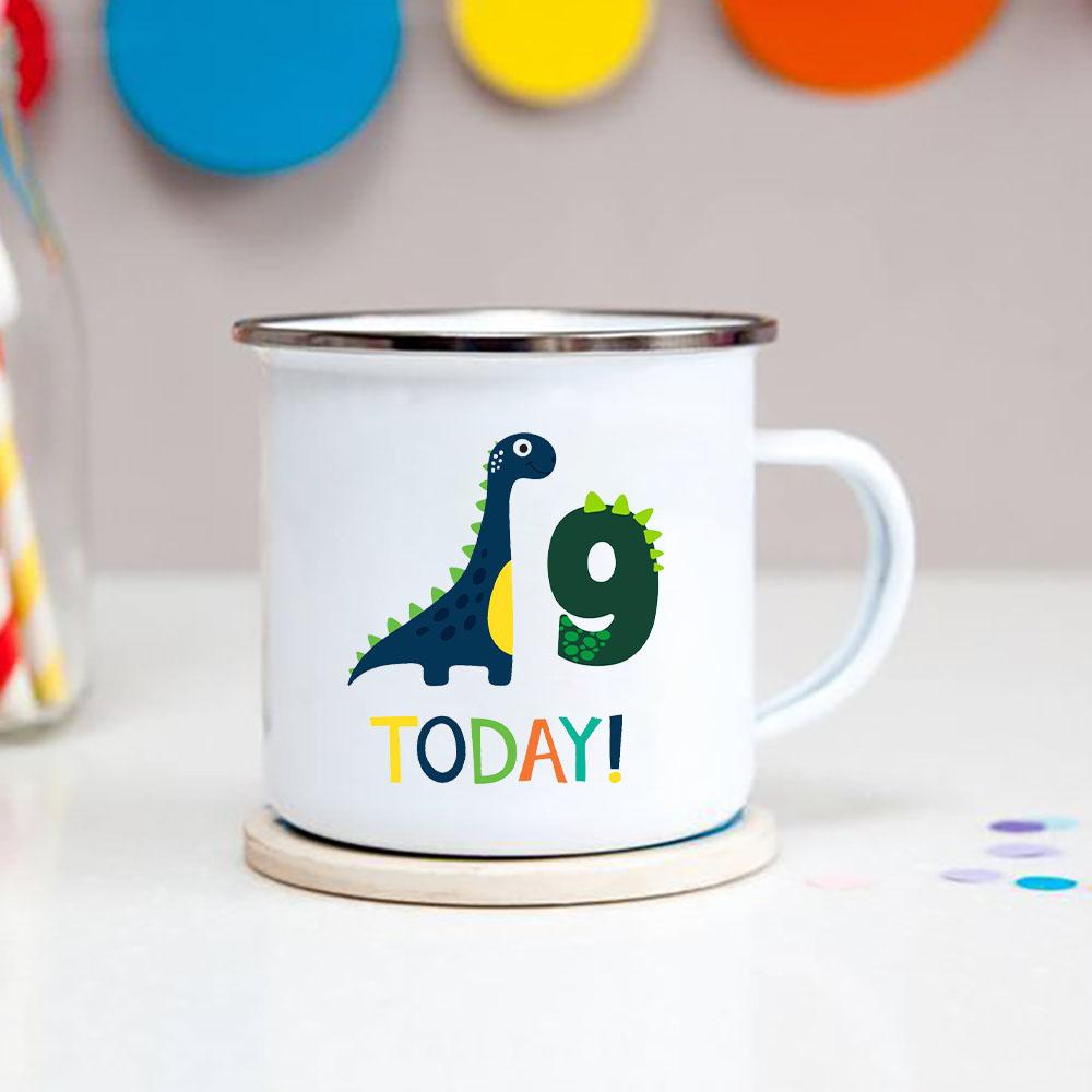 Number 1-9 Boys Dinosaur Enamel Mugs Creative Cartoon Animal Kids Dessert Juice Cola Cups Kindergarten Baby Child Birthday Gifts