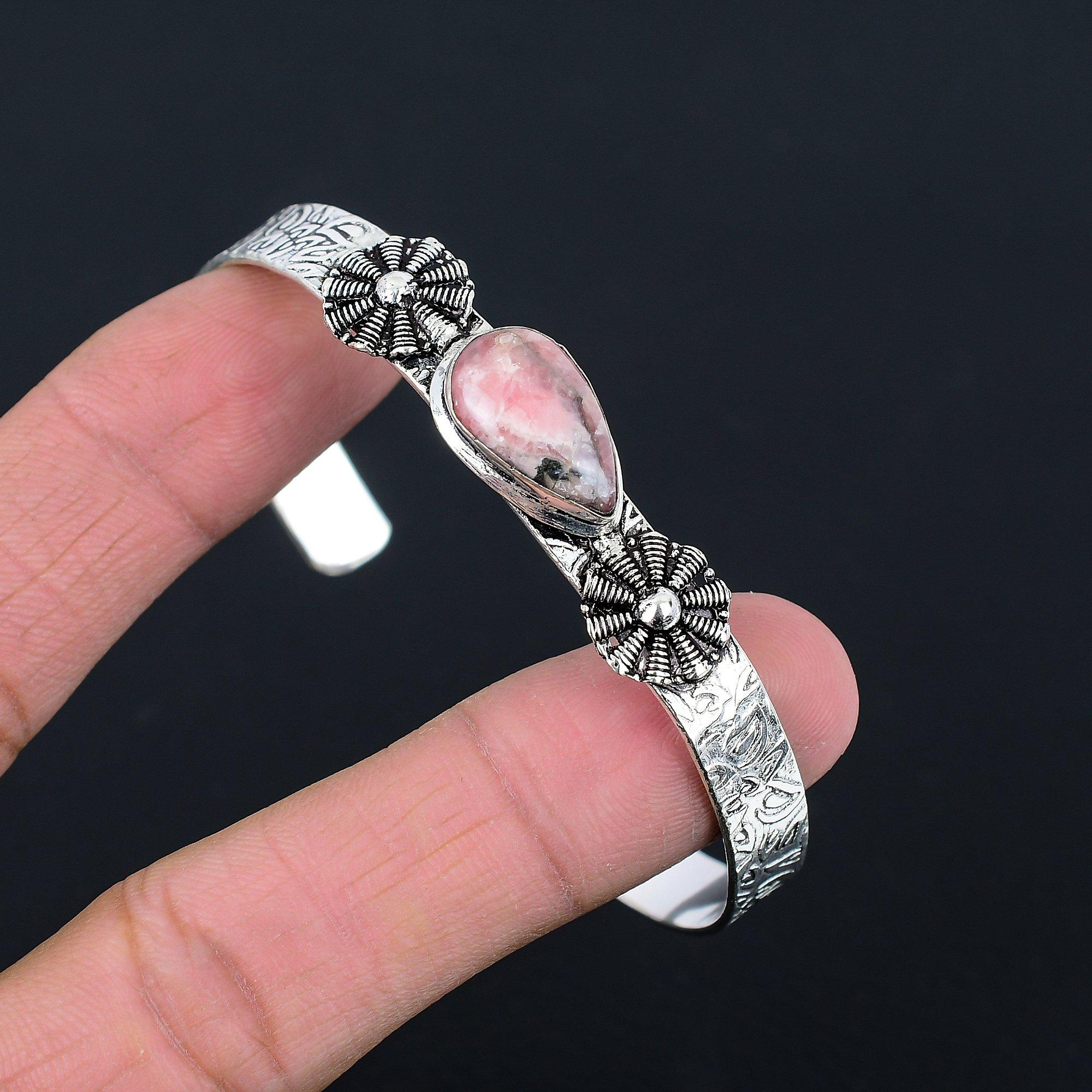 

Natural Rhodochrosite Gemstone 925 Sterling Silver Bangle Adjustable For Women Adjustable