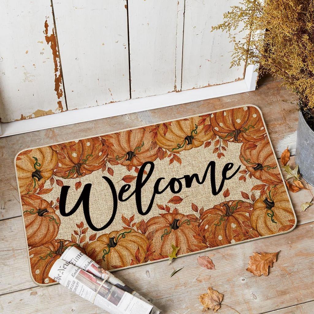 Autumn Pumpkin Crystal Velvet Doormat Non-slip Waterproof Dirt-resistant Easy to Clean Indoor Decoration