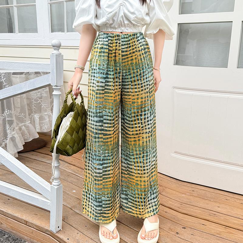 Pantaloni de pijama din bumbac mătase pentru femei, secțiune subțire de vară, anti-țânțari, pantaloni cu picior lat, culoare uni, pentru exterior, casă, petrecere a timpului liber, imprimeu, pantaloni de plajă până la genunchi