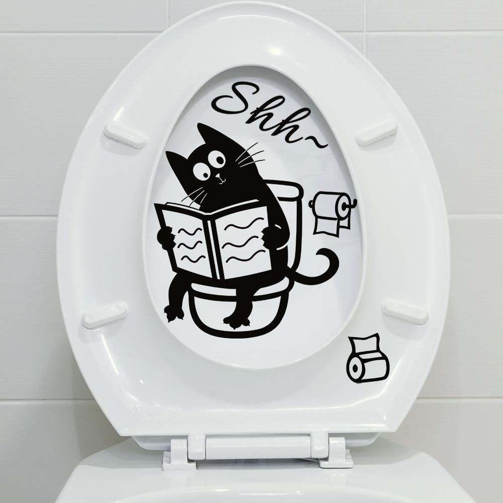 Cartoon Cat Reading Newspaper On Toilet Self Adhesive Bathroom Toilet Sticker Home Decor