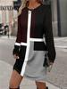 Autumn Winter Dresses Women Casual Color Block Long Sleeve Loose Dress Fashion Casual Geometric Print Dress Plus Size