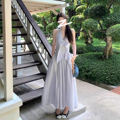 French V-neck Neck Halter Dress Women's Summer New Design Waist Bow Striped Dress