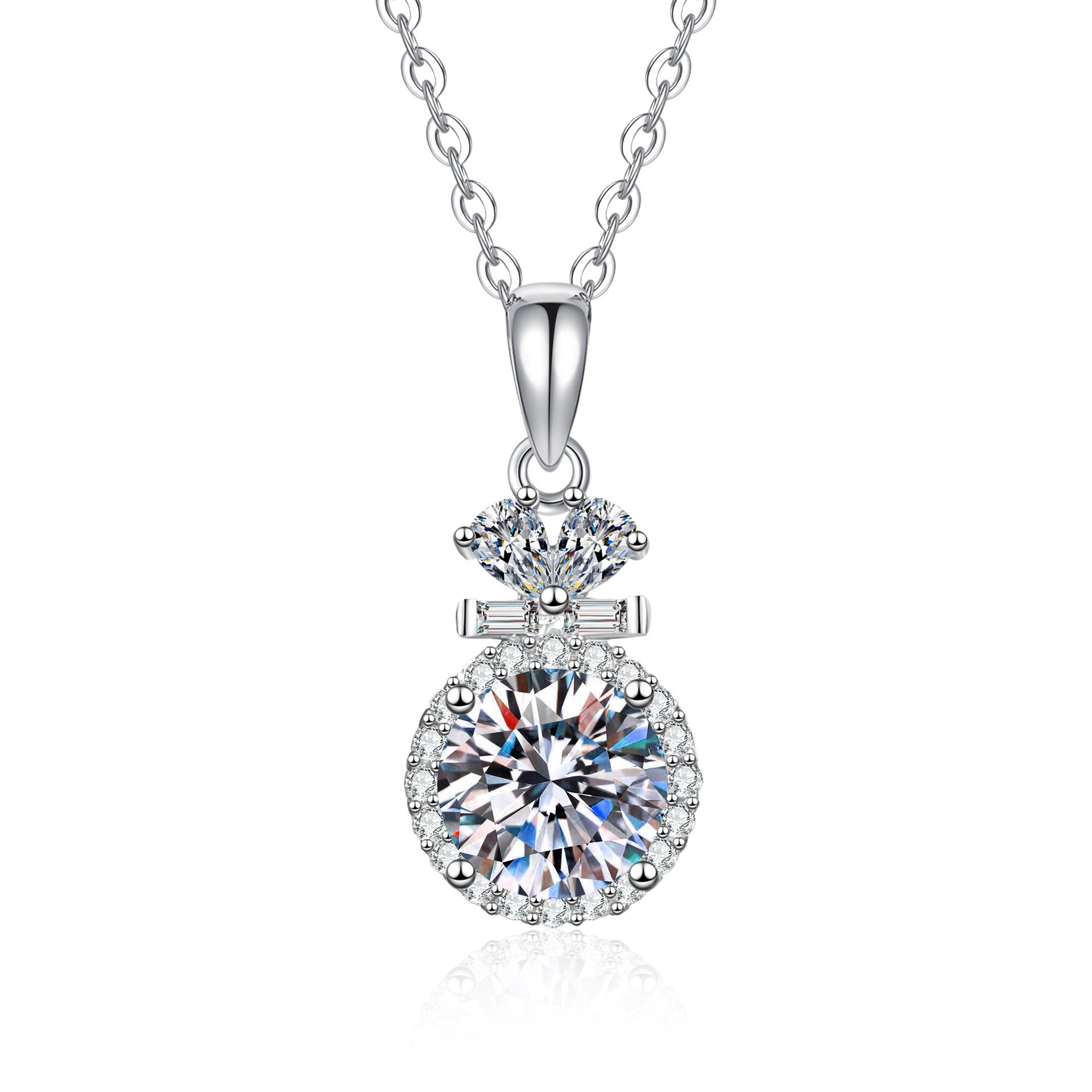 Women s Platinum O-Link Necklace,  Carat D-Color Moissanite with Round Pouch Pendant, Dainty Choker