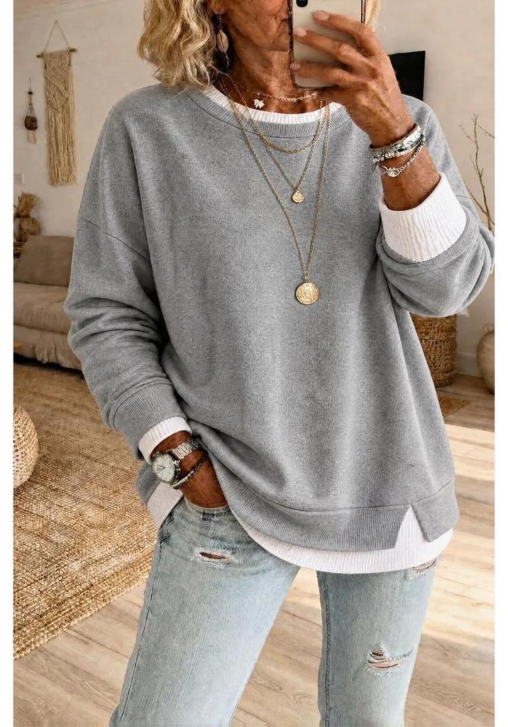 2026 Women's Stylish Slimming Ribbed Two-Piece Look Slit Round Neck Long Sleeve Casual Pullover Sweatshirt