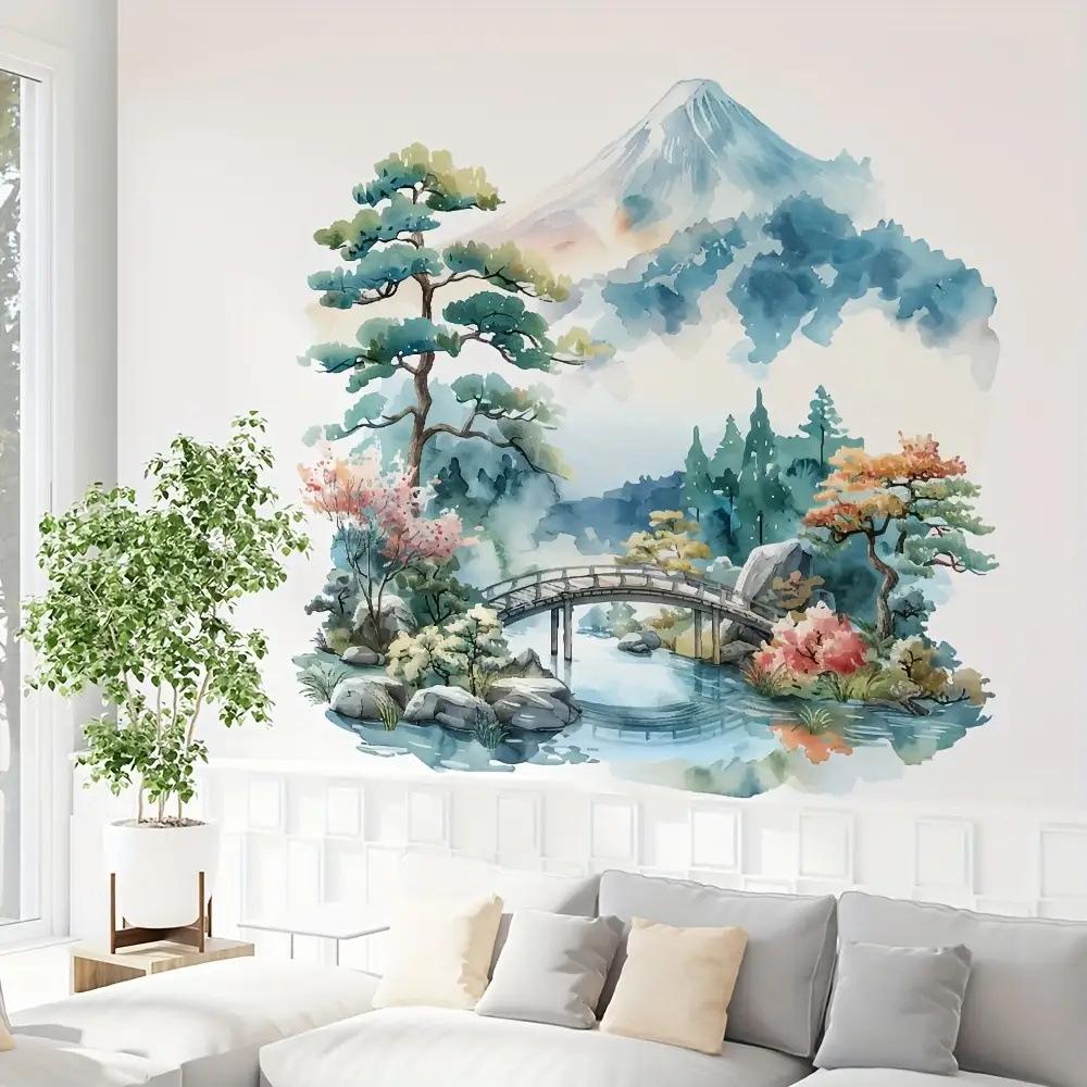 Watercolor Mount Fuji Wall Sticker Japanese Zen Living Room Bedroom Self Adhesive Waterproof