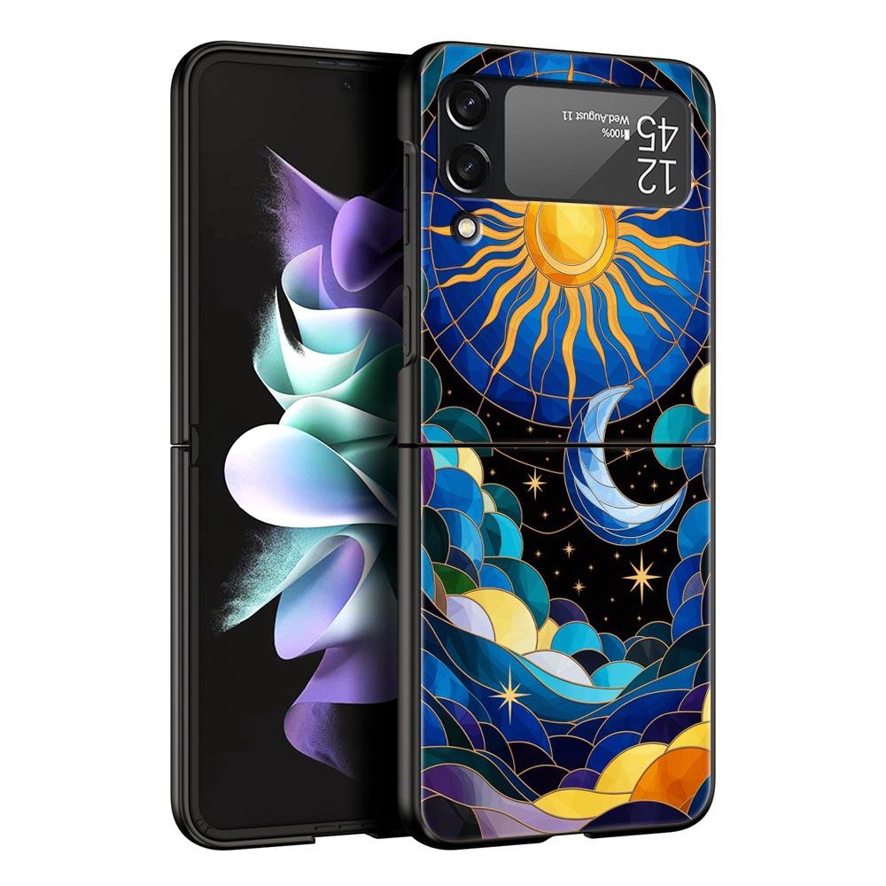 Beautiful Sun Moon Glass Hard PC Phone Case For Samsung Galaxy Z Flip 7 6 5 4 Black Cover For Galaxy Z Flip 3 Foldable Shell Bag