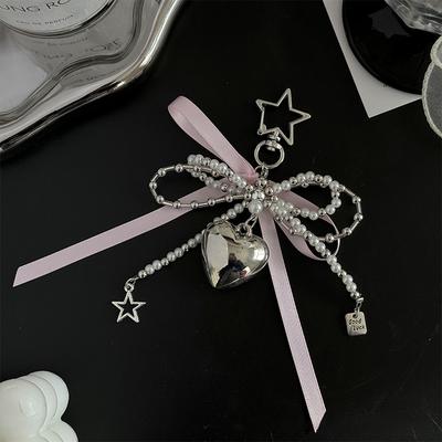 Pearl Ribbon Bow Silver Heart Shaped Keychain Ins Style Key Pendant Women'S Bag Accessories Earphone Box Pendant