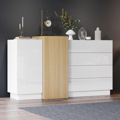 Sideboard Kommode Weißes Hochglanz, Moderner 2 Türen 4 Große Schubladen, Wohnzimmer, Schlafzimmer, Esszimmer, Griffloses Design, 160cm