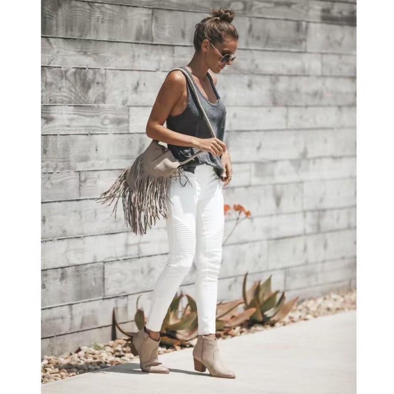 White Slim Fit Jeans Women Casual Washed Denim Pants Mid Rise Long Trousers