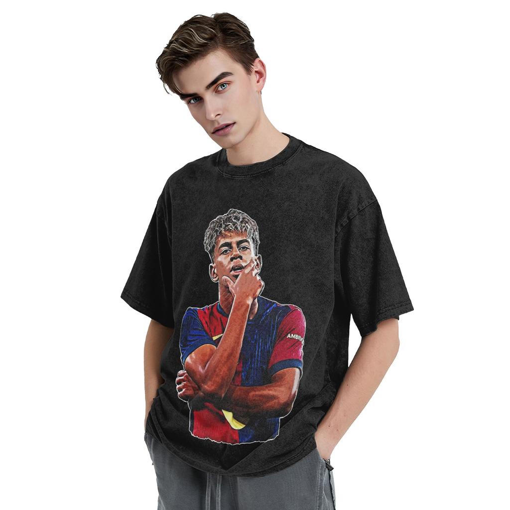 Lamine Yamal No19 Washed Distressed Football Graphic T Shirt Hip Hop Oversized Unisex Short Sleeve Summer Streetwear Fan Tee