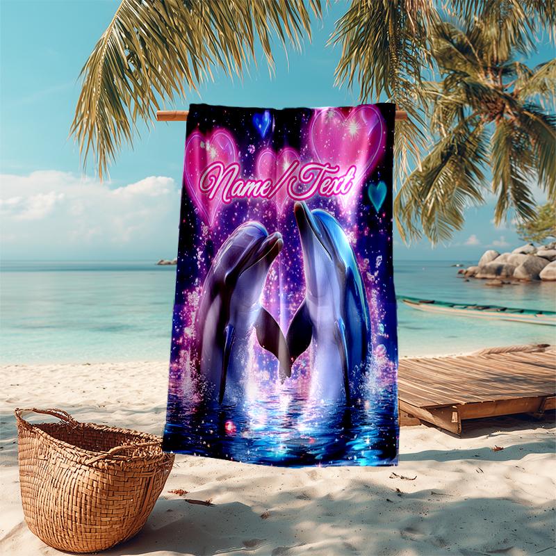 1PC Custom Name Dolphins Love Sparkle Beach Towel Highly Absorbent And Sand-Resistant Towel for Swimming, Pool, Yoga, And Travel Lightweight