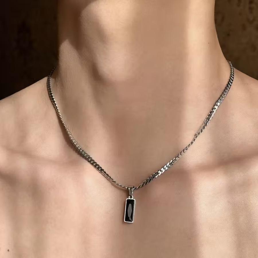 1pc Men's Adjustable Stainless Steel Necklace with Black Synthetic Cubic Zirconiaia Pendant - -Free August Birthstone Suitable for Casual Wear