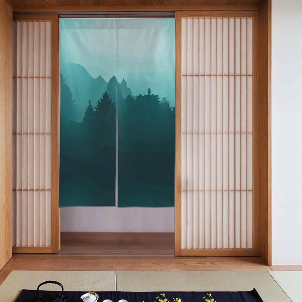Perdea Japoneză Pădure Verde Noren Perdea Japoneză Intrare Feng Shui Perdea Ușă Tapiserie Copac Verde pentru Agățat pe Perete