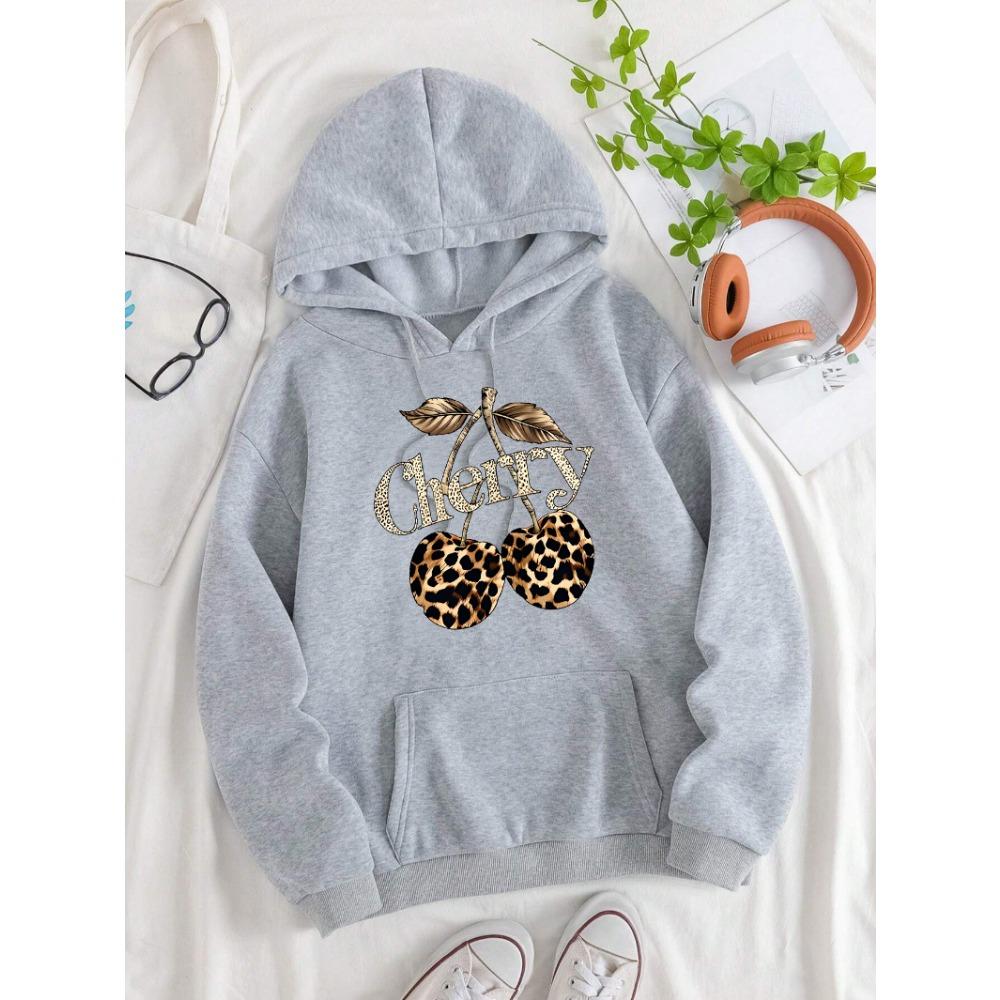 

Леопардовая вишня Креативные худи с принтом Женские Универсальные Уличная одежда Y2K Толстовка с карманом Осенняя Повседневная Женская одежда S