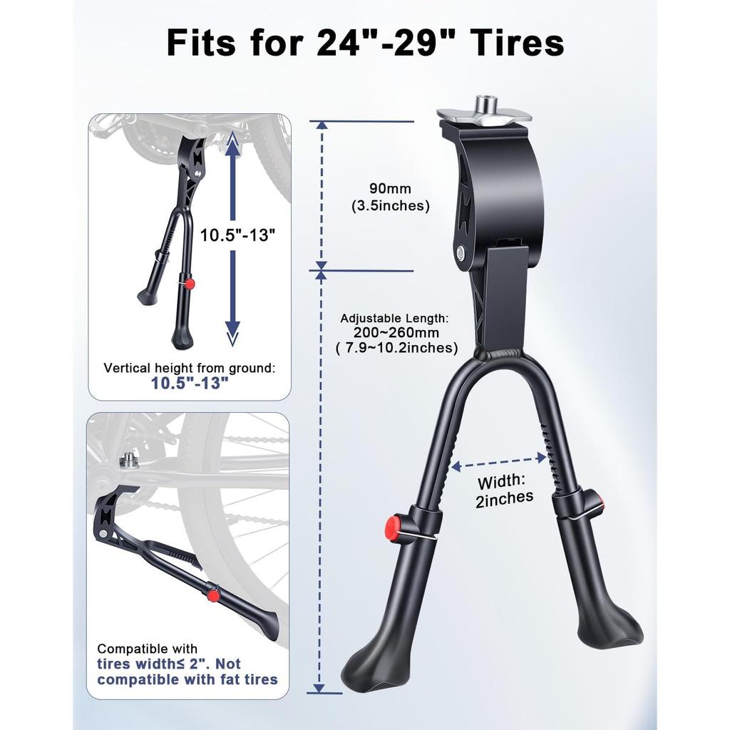 Bike Kickstand, Adjustable Double Legs Bicycle Kick Stands for 24”-29” Adult Bikes, Aluminum Alloy Kickstand Non-Slip Center Mount for Mountain, Road