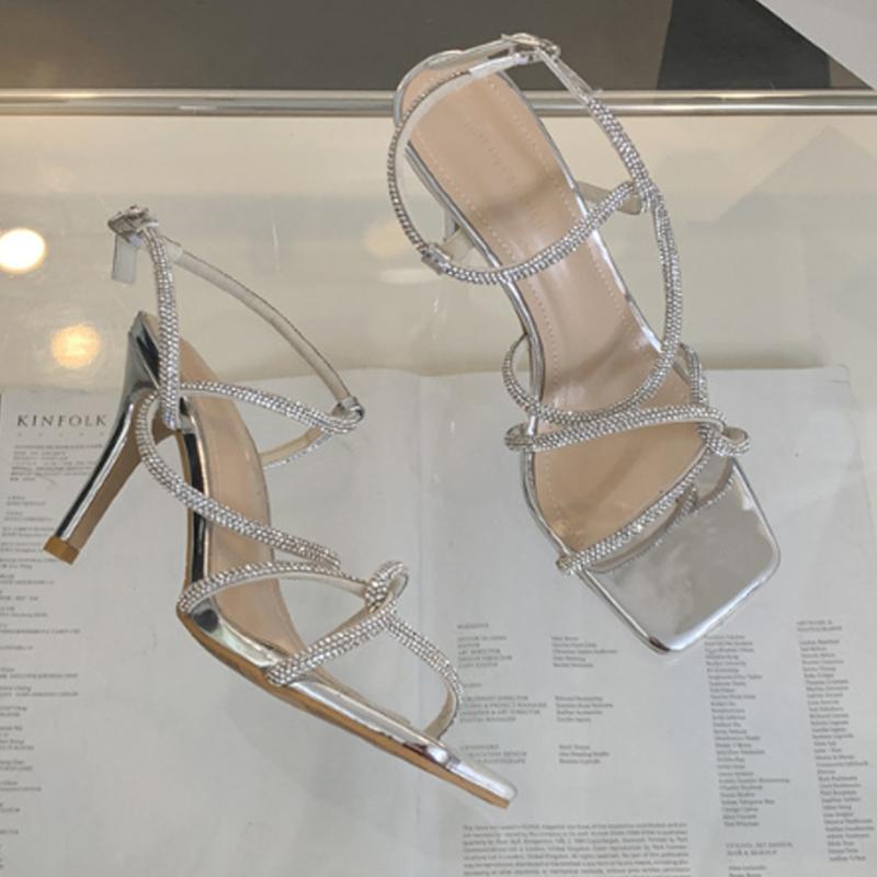 Women Elegant Crystals Sandals Square Open Toe Cross-Tied Buckle High Heels Sexy Party Banquet Dress Shoes