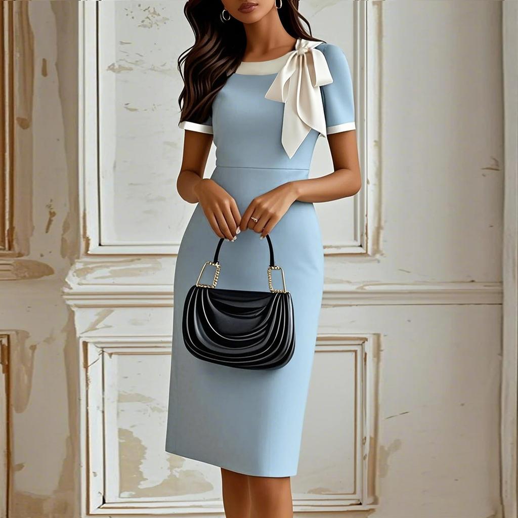 Women's Fitted Round Neck Color Party Dress, Elegant Spliced Evening Gown for Cocktail and Banquet