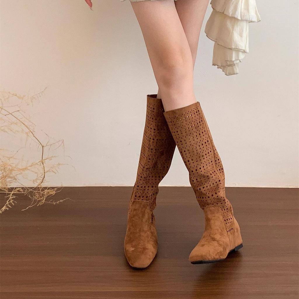 4CM inner height increase~ retro Spice Girl Maillard hollow boots women's autumn breathable non-slip millennial wind thin boots