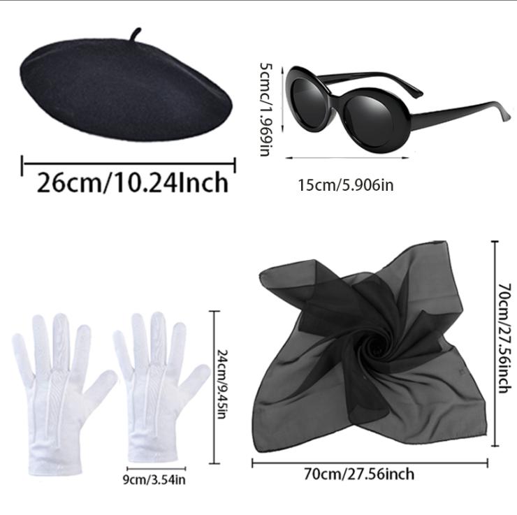PESENAR  French Style Costume Accessory Set with Beret, Sunglasses, Bow Scarf and White Gloves