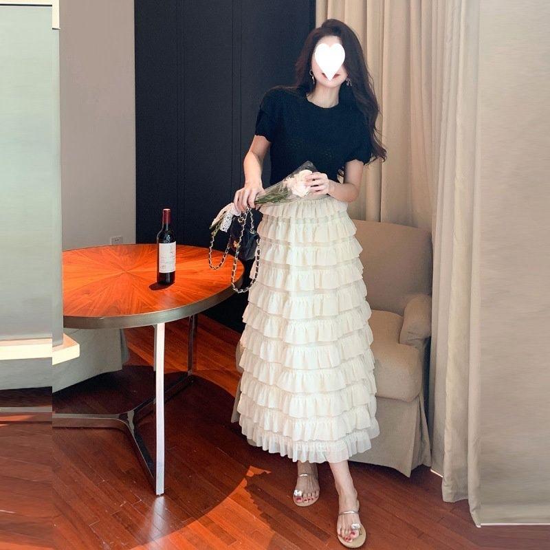 Large Size Women's Clothing Fat Sister Summer Splicing Layered Dress Vacation Cake Skirt Loose and Thin Hanging