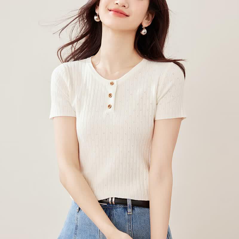Women s Ribbed Knit Half-Button Henley Top L