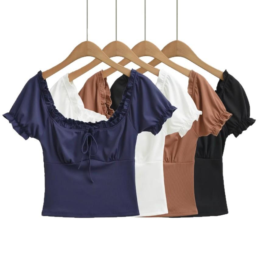 Bubble short-sleeved T-shirt women's summer new Spice Girl style solid color hollow lace-up square neck slim-fitting top