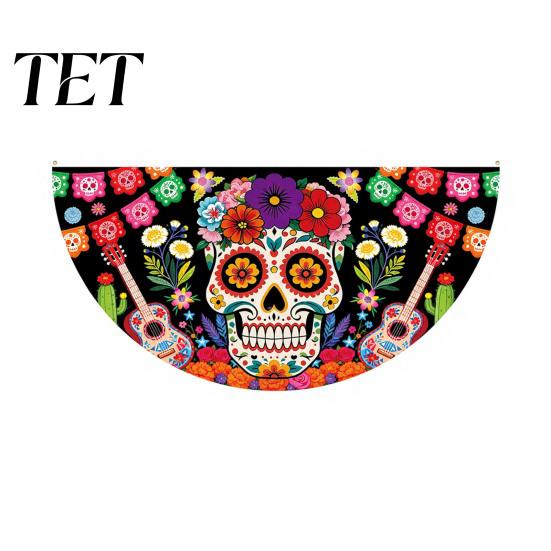 Colorful Cemetery Memorial Flag Day of The Dead Skull Bunting Banner, Marigold Print Fiesta Hanging Flag, Sugar Outdoor Yard Party Decor Floral