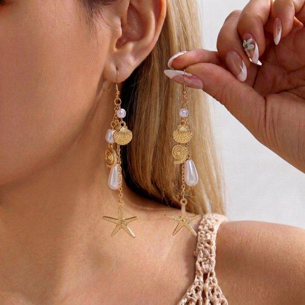 Boho Starfish Dangle Earrings for Women Gold Color Starfish Shell Metal Earring Summer Beach Party Vacation Charm Jewelry Gifts